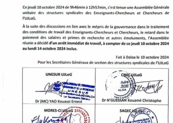 Université Lorougnon Guede de Daloa : arrêt de travail des Enseignants-Chercheurs et Chercheurs