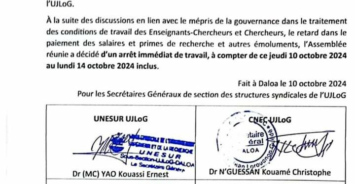 Université Lorougnon Guede de Daloa : arrêt de travail des Enseignants-Chercheurs et Chercheurs